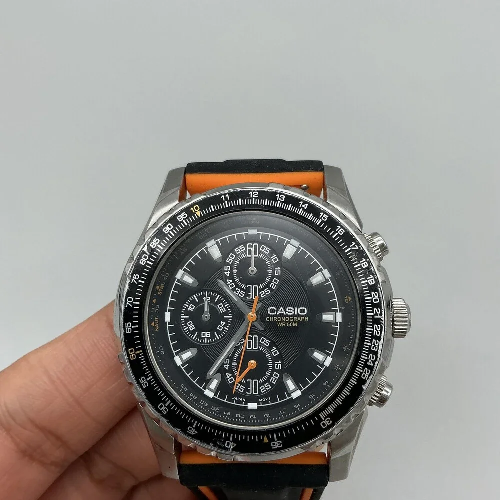Casio MTP-4500 Mens Watch 41mm Black Dial Chronograph Black Orange Silicone